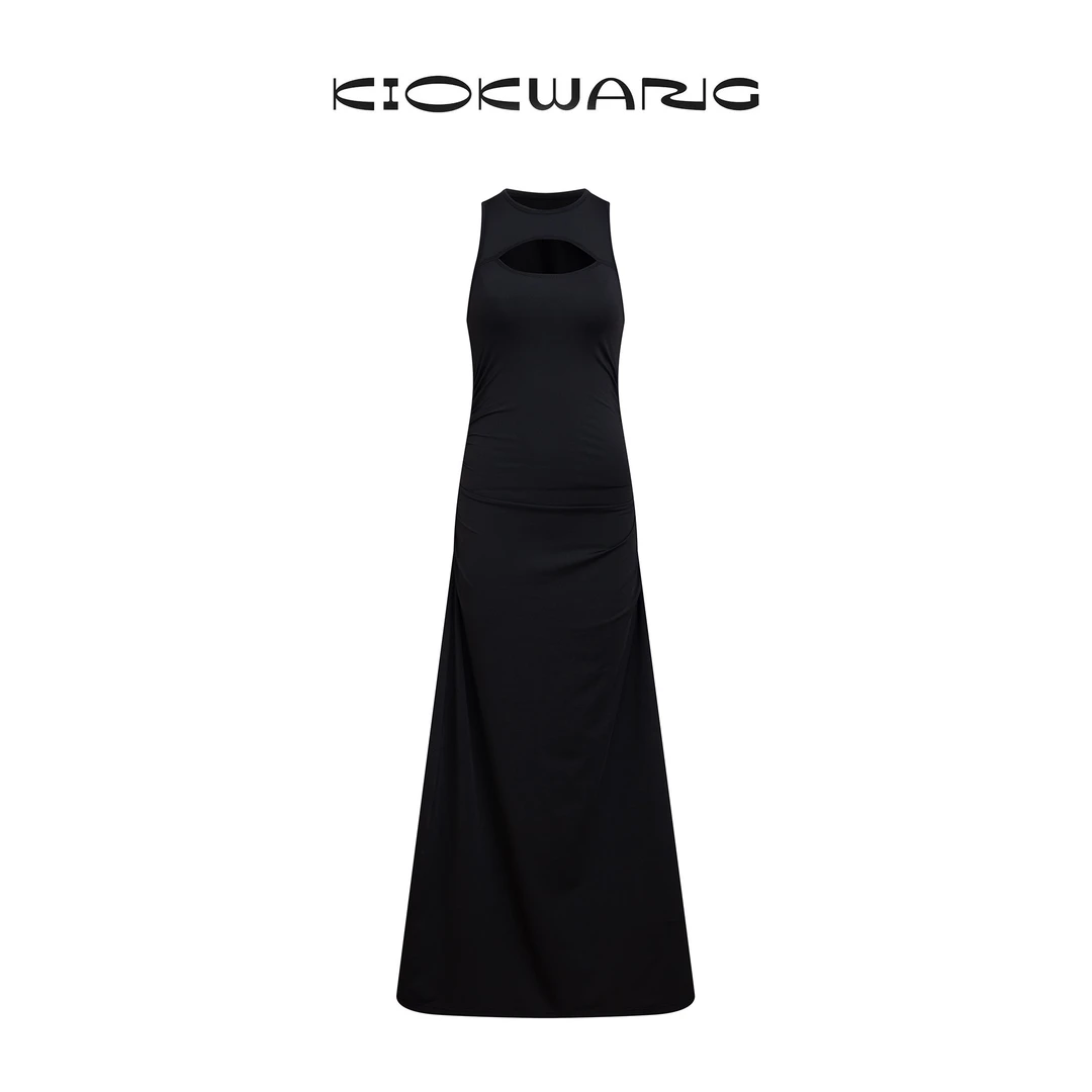 KIOKWANG//设计感镂空无袖圆领长款褶皱修身小黑裙（现现）