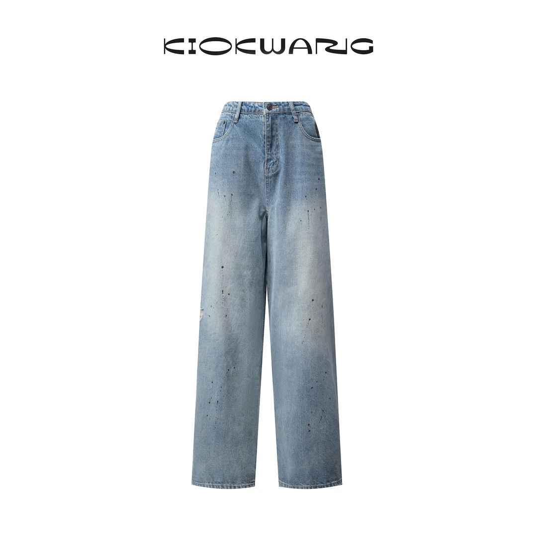 KIOKWANG//渐变色洗水复古阔腿拖地牛仔裤（现现）