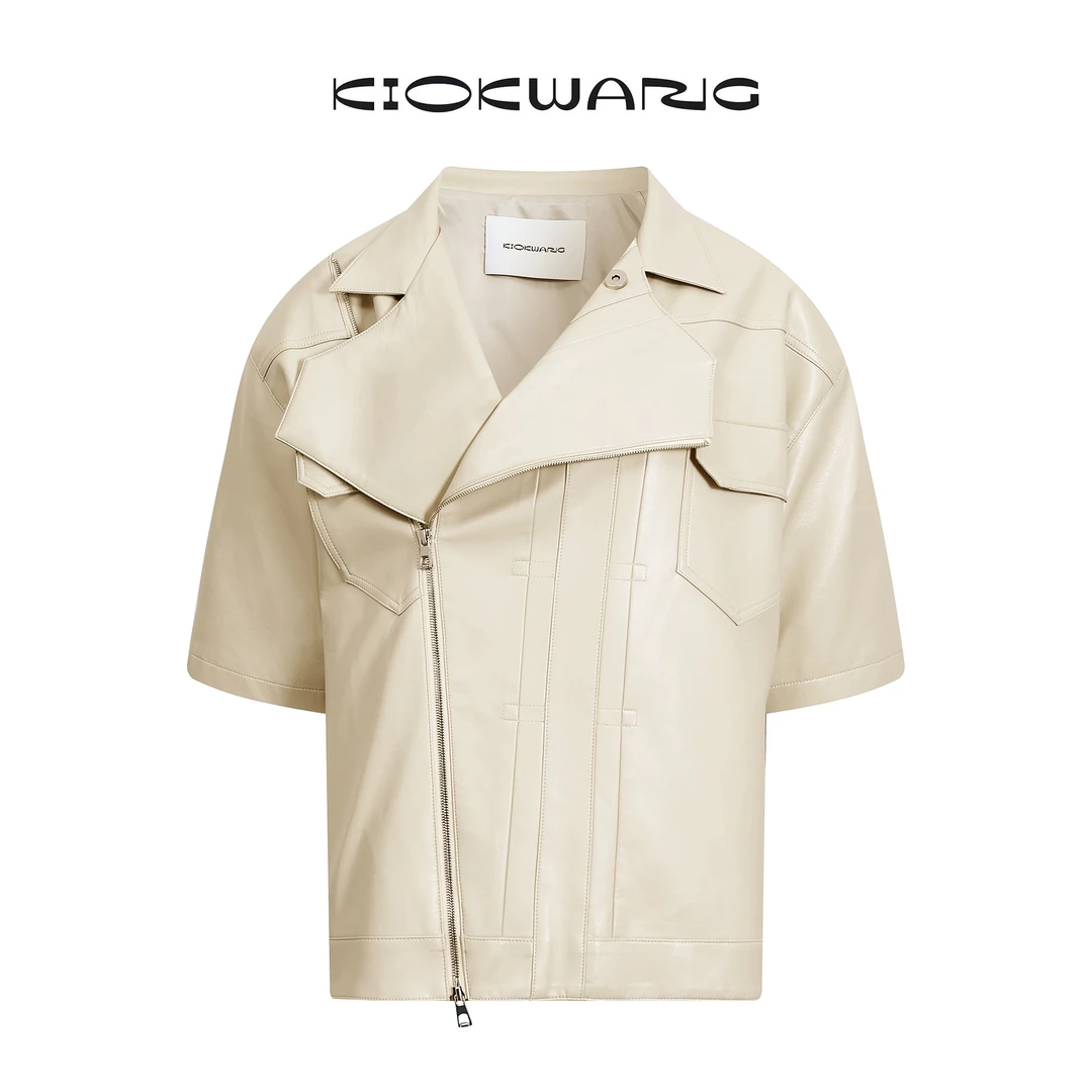 KIOKWANG//重工机车拉链设计短袖外套垫肩上衣