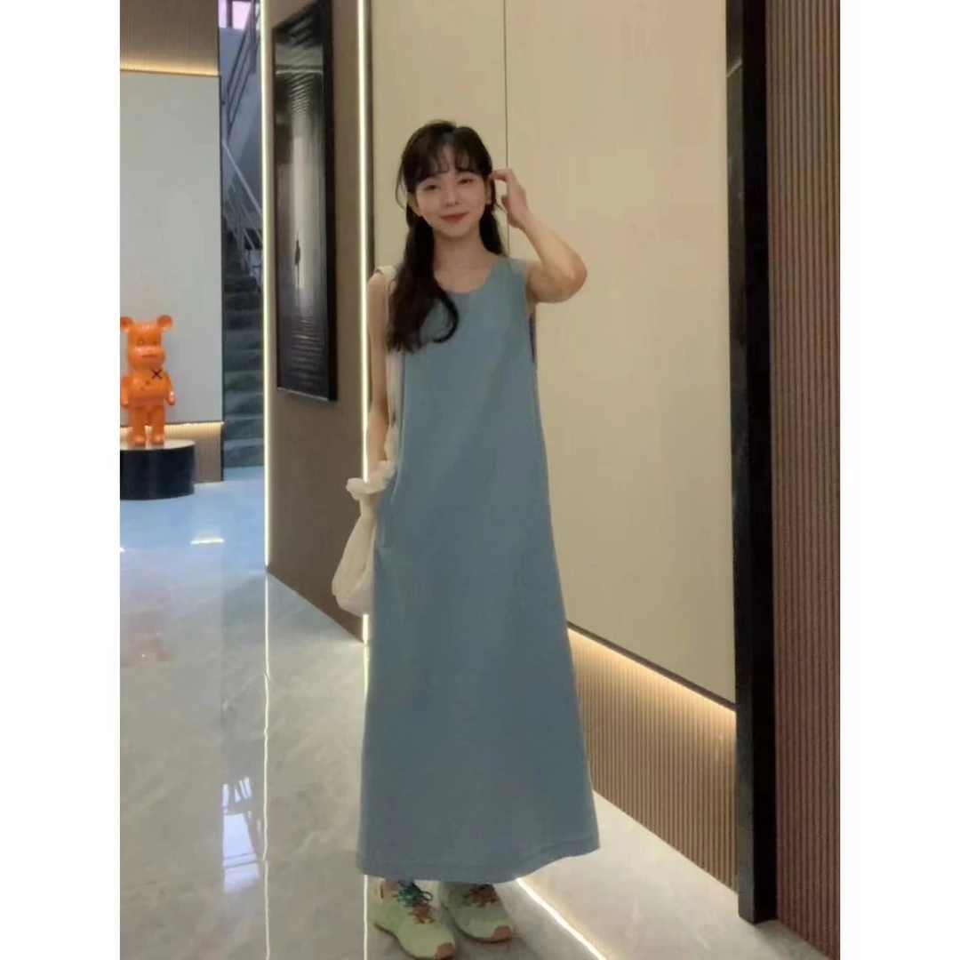 佳儿吖～慵懒松弛感宽松牛仔背心长裙0096