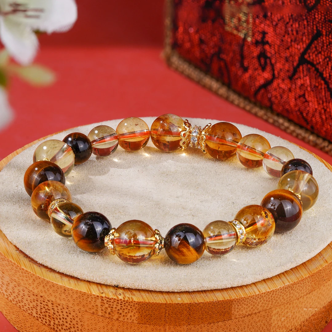 【金霸】大综合黄水晶虎眼石手串枫叶黄柠檬黄新中式国风手串