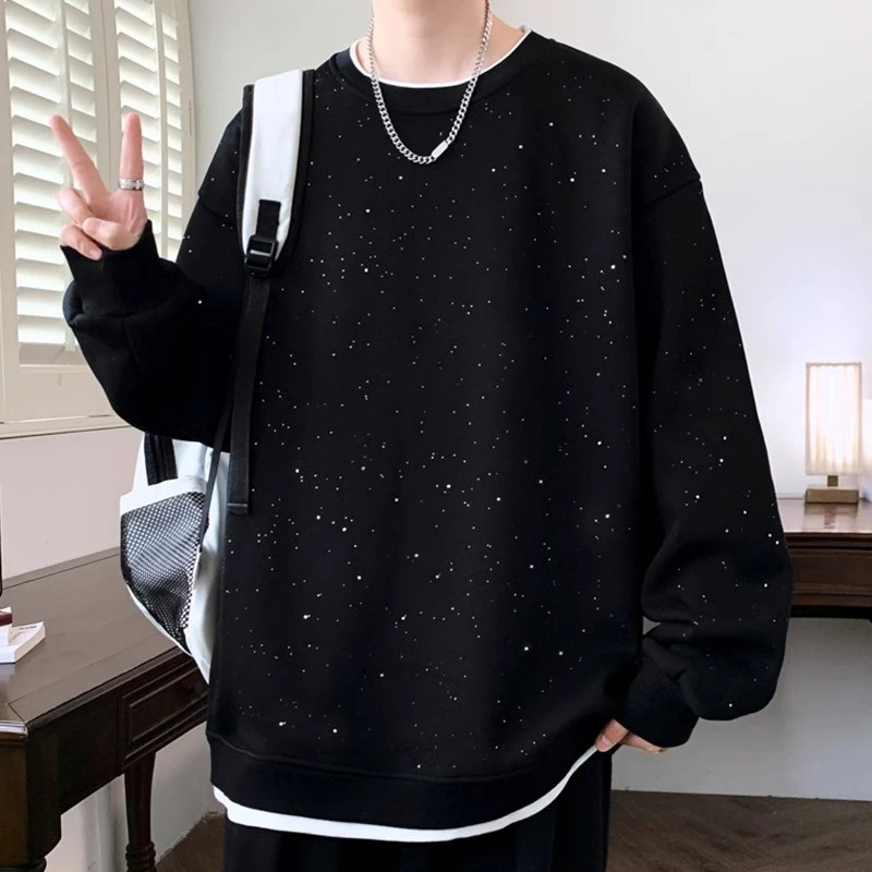 仓石一树满天星卫衣男士秋冬款加绒加厚圆领潮牌假两件打底衫上衣