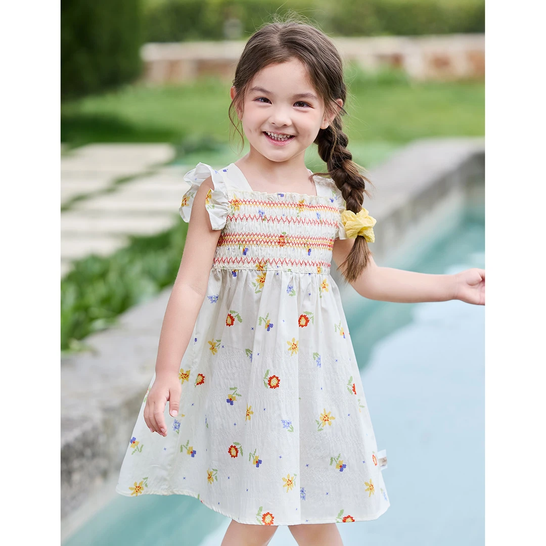 笛莎婴幼女童连衣裙夏季波西米亚甜美向日葵飞袖公主裙-13242U114