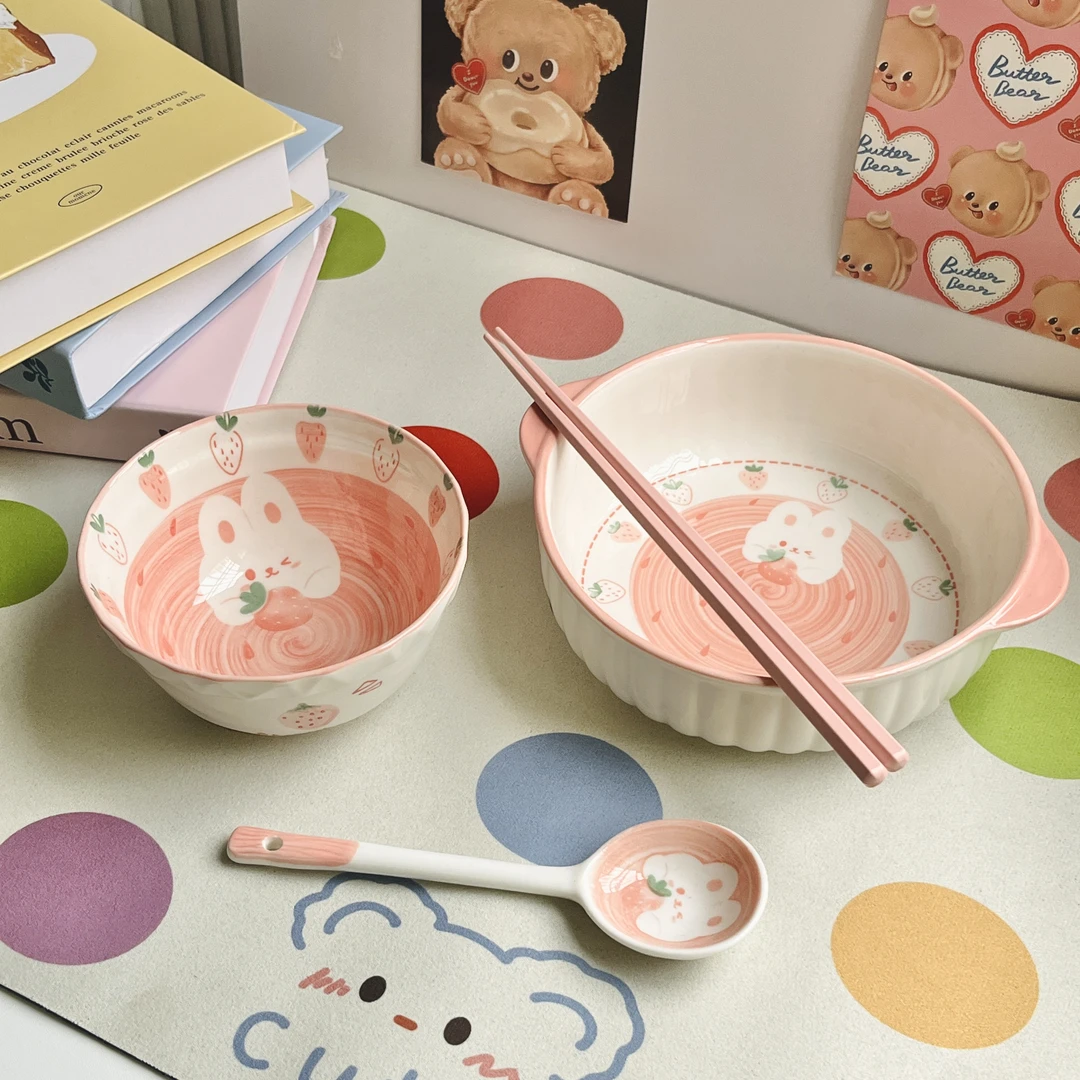 【草莓兔】泡面碗陶瓷学生宿舍碗家用碗盘餐具少女心釉下彩面碗家用