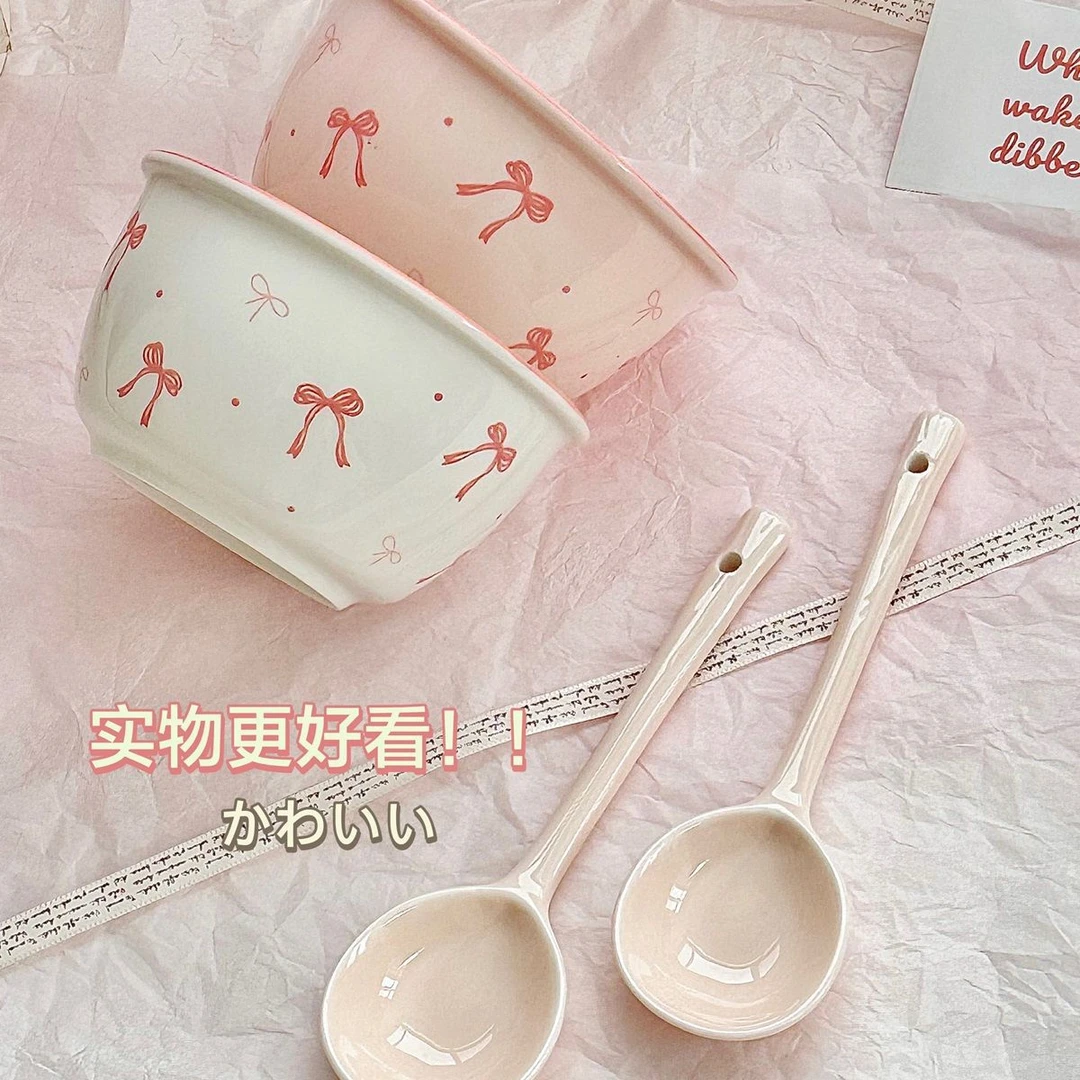 粉色少女心可爱蝴蝶结吃饭喝汤陶瓷碗闺蜜家用创意甜品碗情侣款