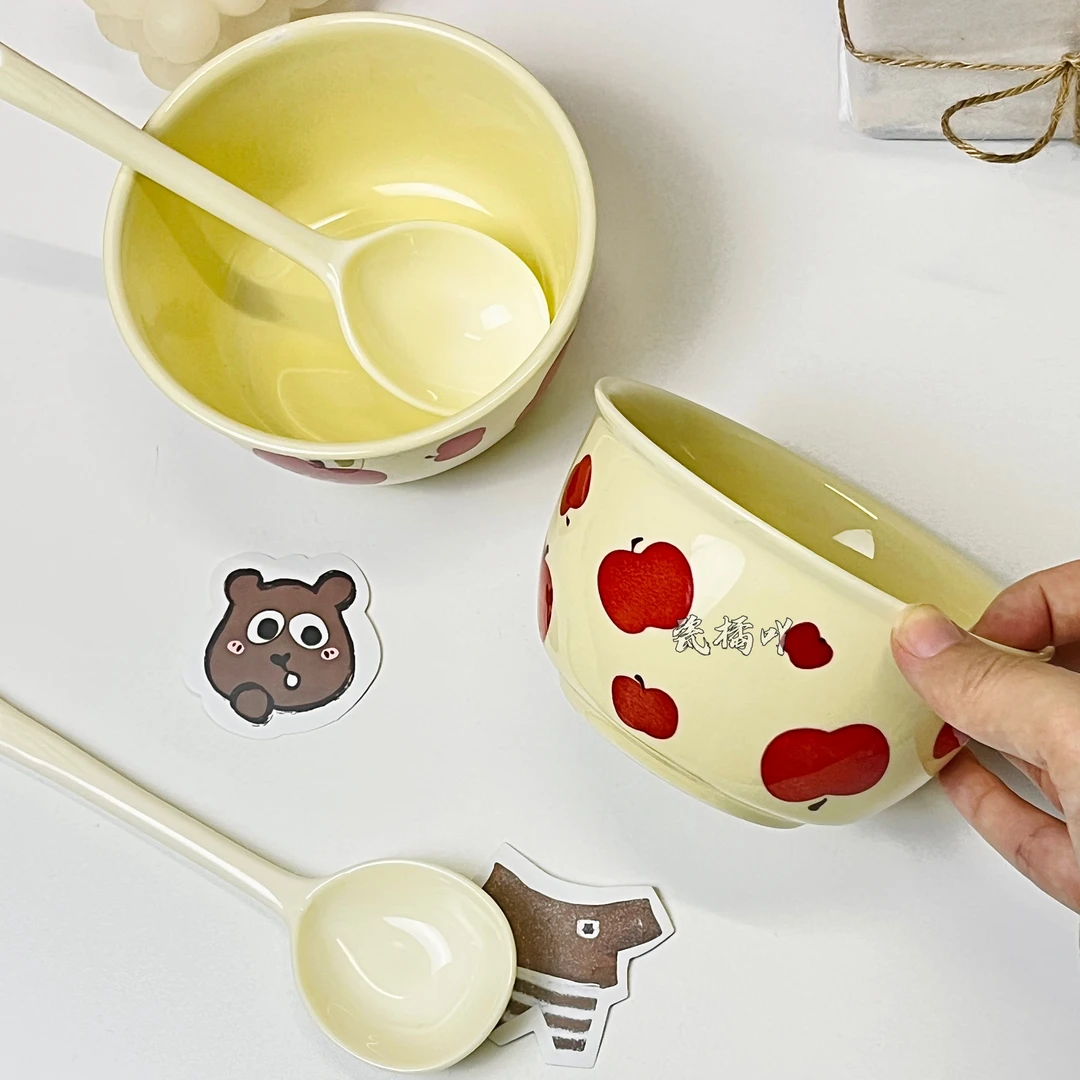 可爱陶瓷米饭碗奶油风学生宿舍用吃饭碗家用米饭碗圣诞苹果早餐碗