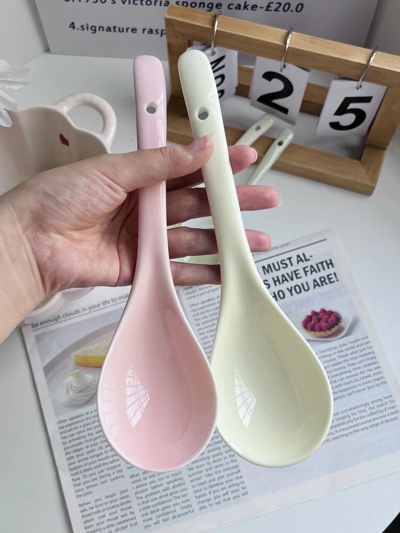 ins奶油色陶瓷汤勺家用可爱饭勺子粥勺稀饭勺韩式长柄盛汤大勺