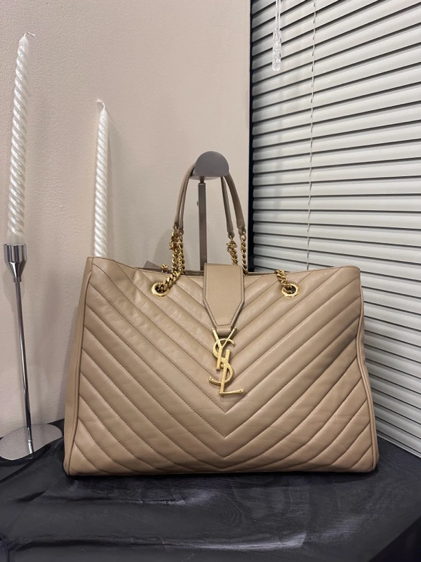 95新 YSL/圣罗兰 奶茶色v纹手提
