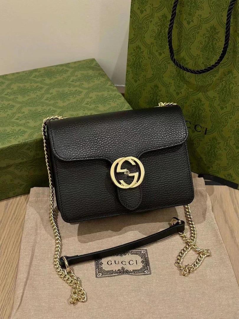 95新 GUCCI/古驰 黑色风琴单肩包