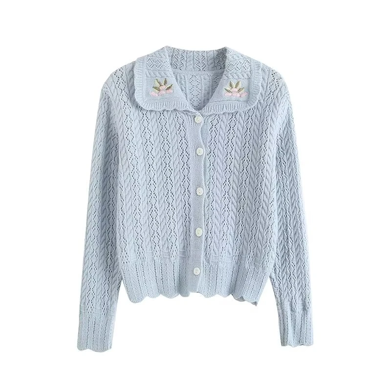 翻领绣花领镂空开衫