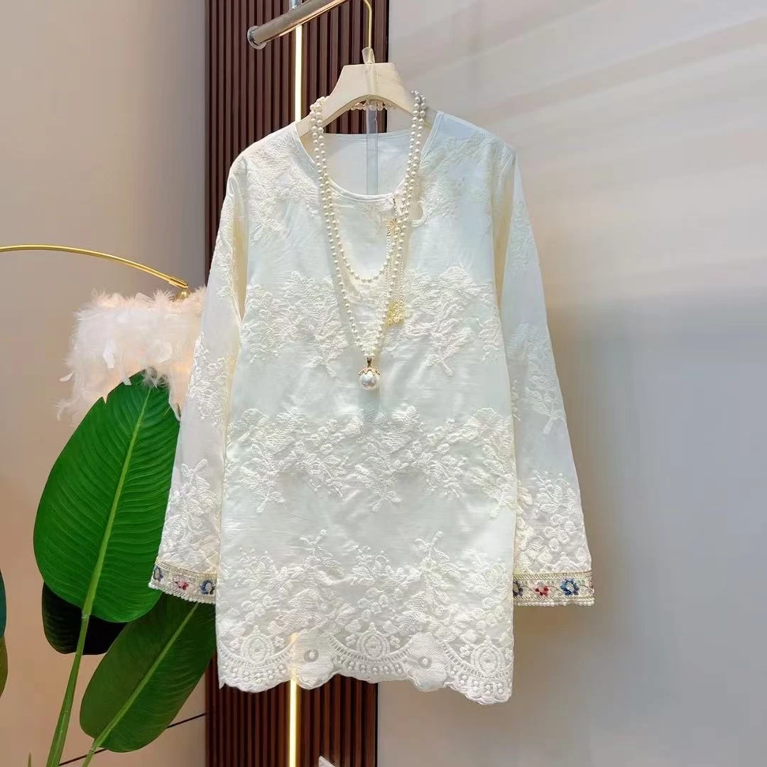 韩版重工钉珠百搭彩色刺绣工艺洋气袖口撞色新中式上衣潮【衣长75】