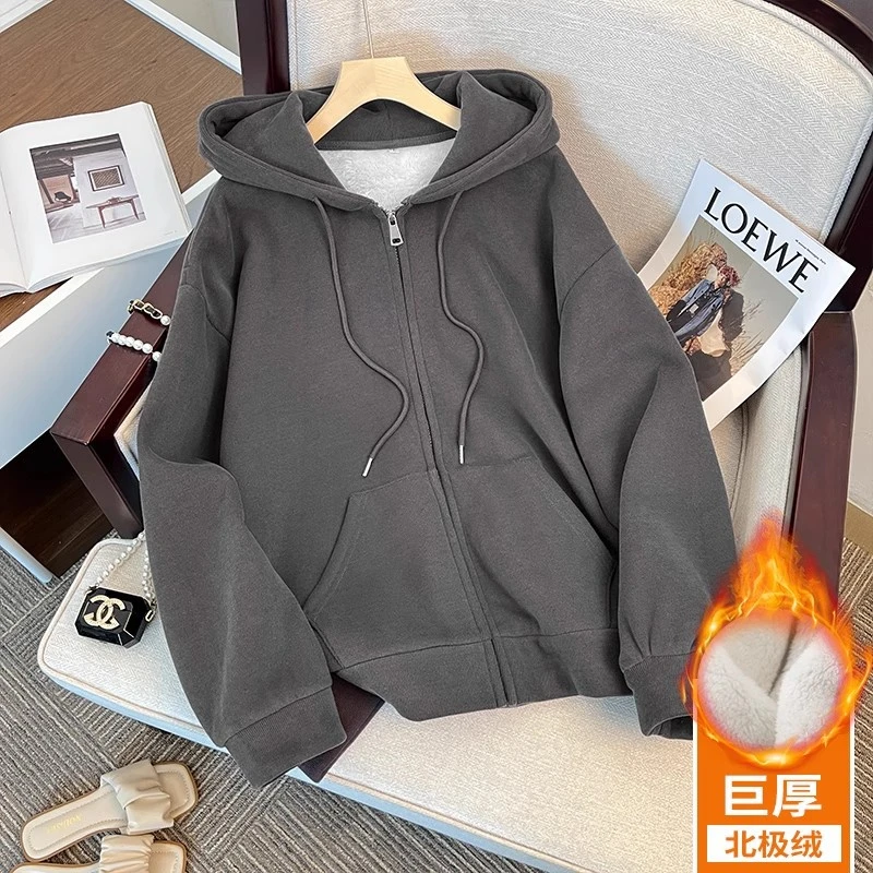 加绒卫衣外套女秋冬款超厚冬天新款加厚绿色羊羔毛绒情侣棉服