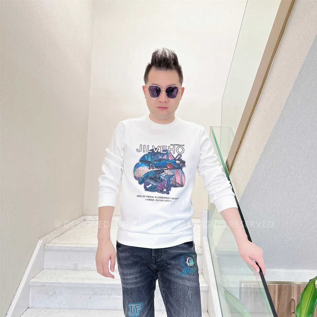 秋冬款VH蓝色跑车串珠刺绣轻奢高端男装高档圆领男士潮牌卫衣长袖