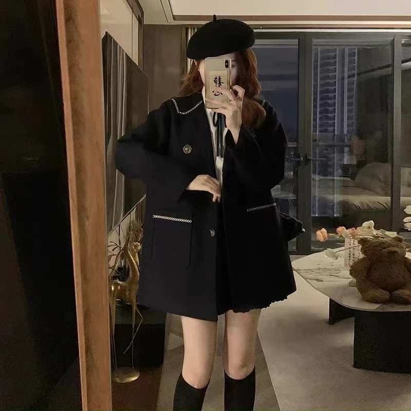 2024秋冬海军领中双面羊毛呢大衣女外套长袖甜美百搭不挑人1357