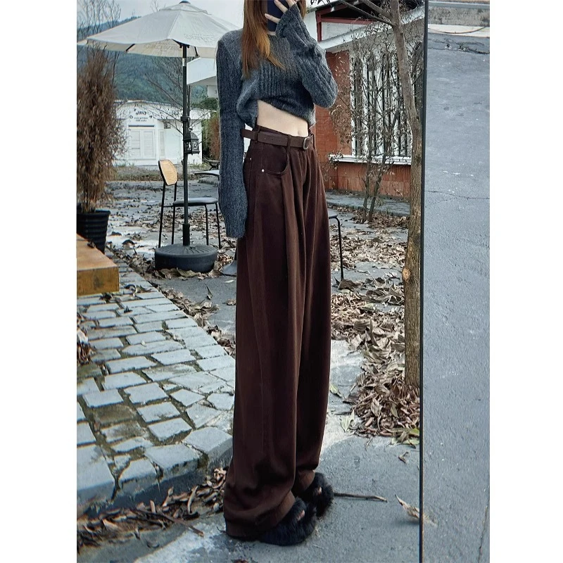 美拉德安可拉棕色阔腿牛仔裤女2024早秋新款显瘦垂感宽松拖地裤子