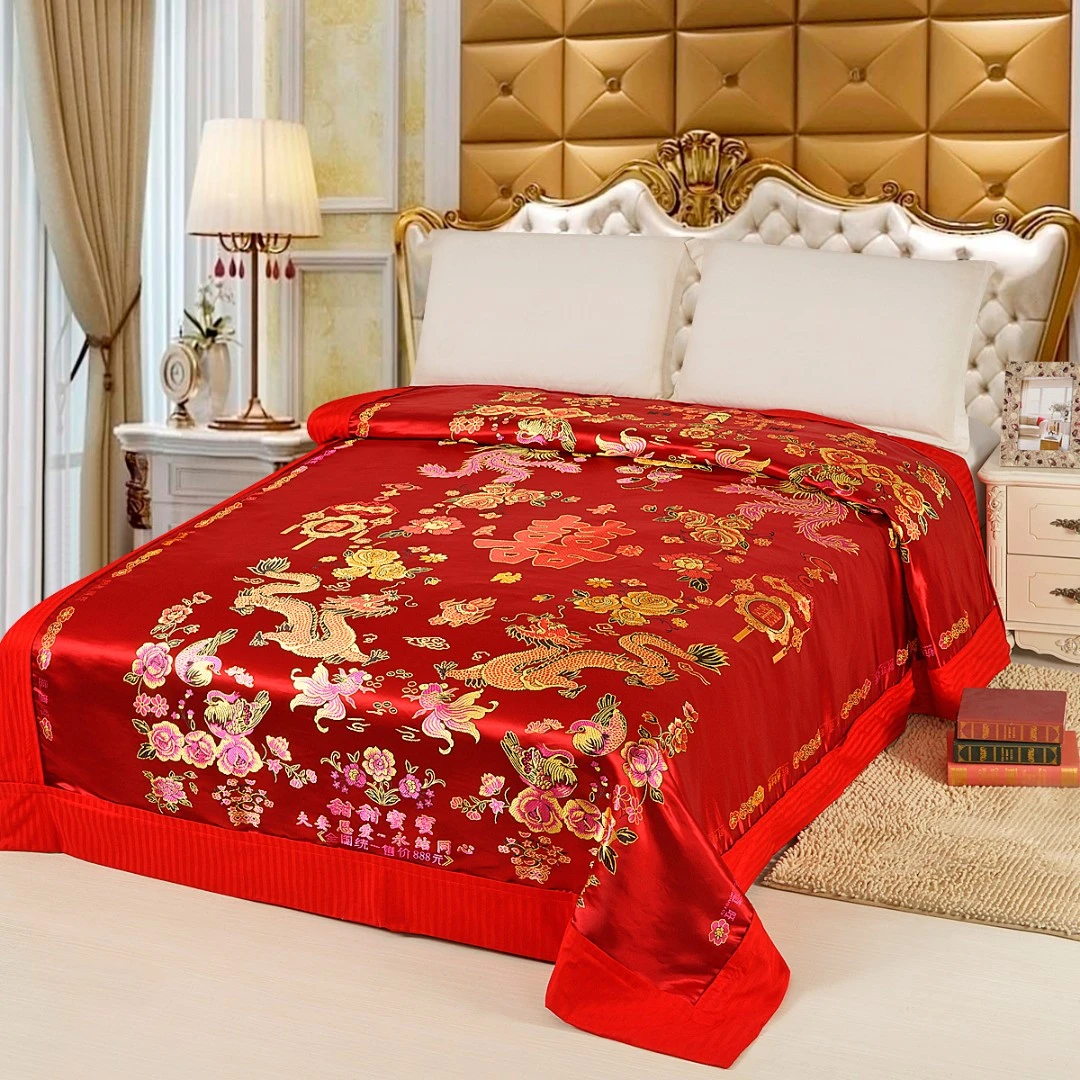 【被套】正红龙凤双喜丝绸被套一个（四周拉链全脱卸设计）