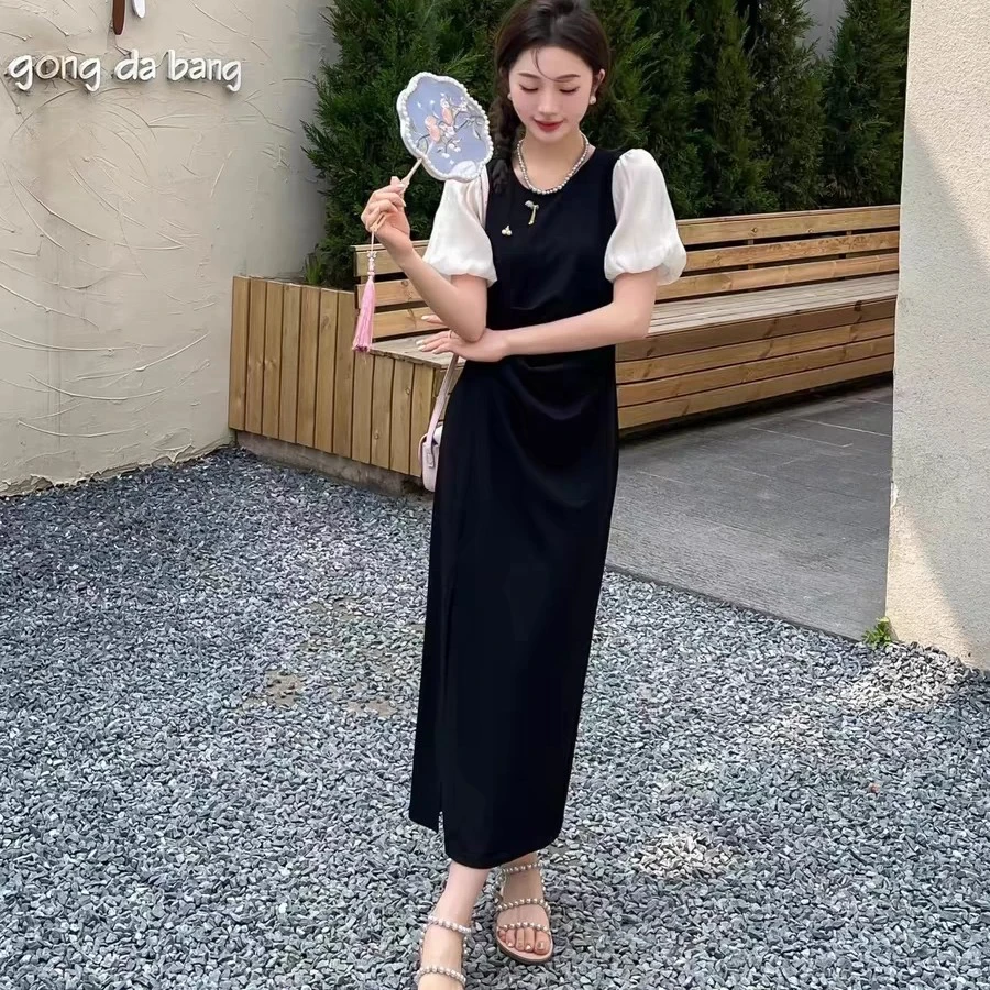 8878冰凉法式赫本风圆领泡泡袖收腰褶皱设计感遮肉显瘦开叉连衣裙