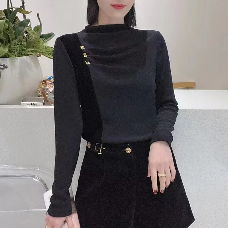 29560香港素街新款半高领时尚拼接小衫