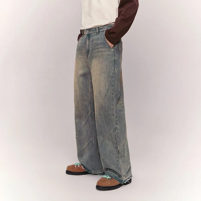 NO ONE ELSE美式复古女装男女冬季高腰做旧长裤子水洗阔腿牛仔裤