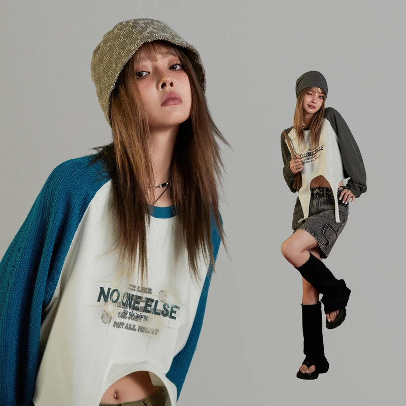 NO ONE ELSE女装圆领宽松秋冬印花系带拼接撞色宽松复古长袖卫衣