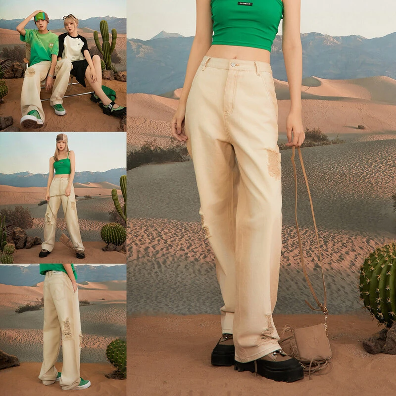 NO ONE ELSE美式复古女装裤子感夏季宽松显瘦破洞直筒男女牛仔裤