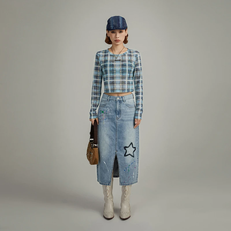 NO ONE ELSE秋季女装美式复古学院风漆点设计A字中长款牛仔半身裙