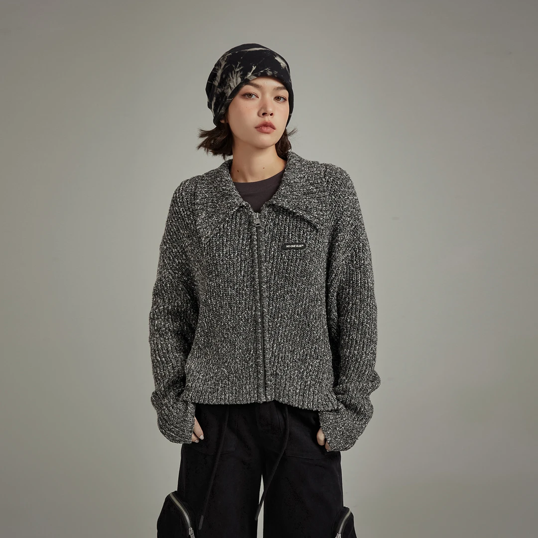NO ONE ELSE美式复古女装秋季拉链翻领长袖宽松翻领针织开衫外套