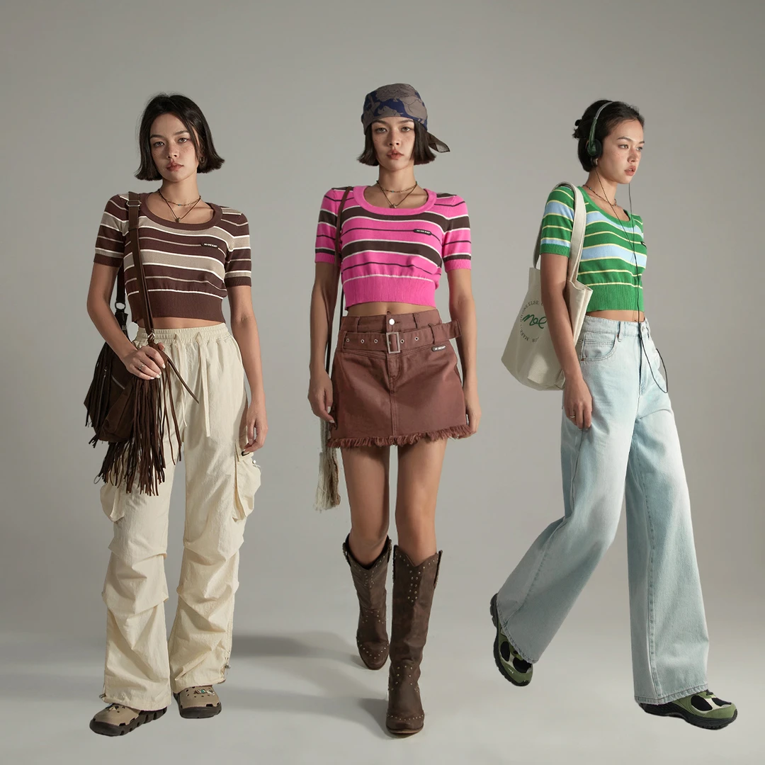 NO ONE ELSE美式复古女装琥珀流光条纹撞色修身夏季方领针织衫