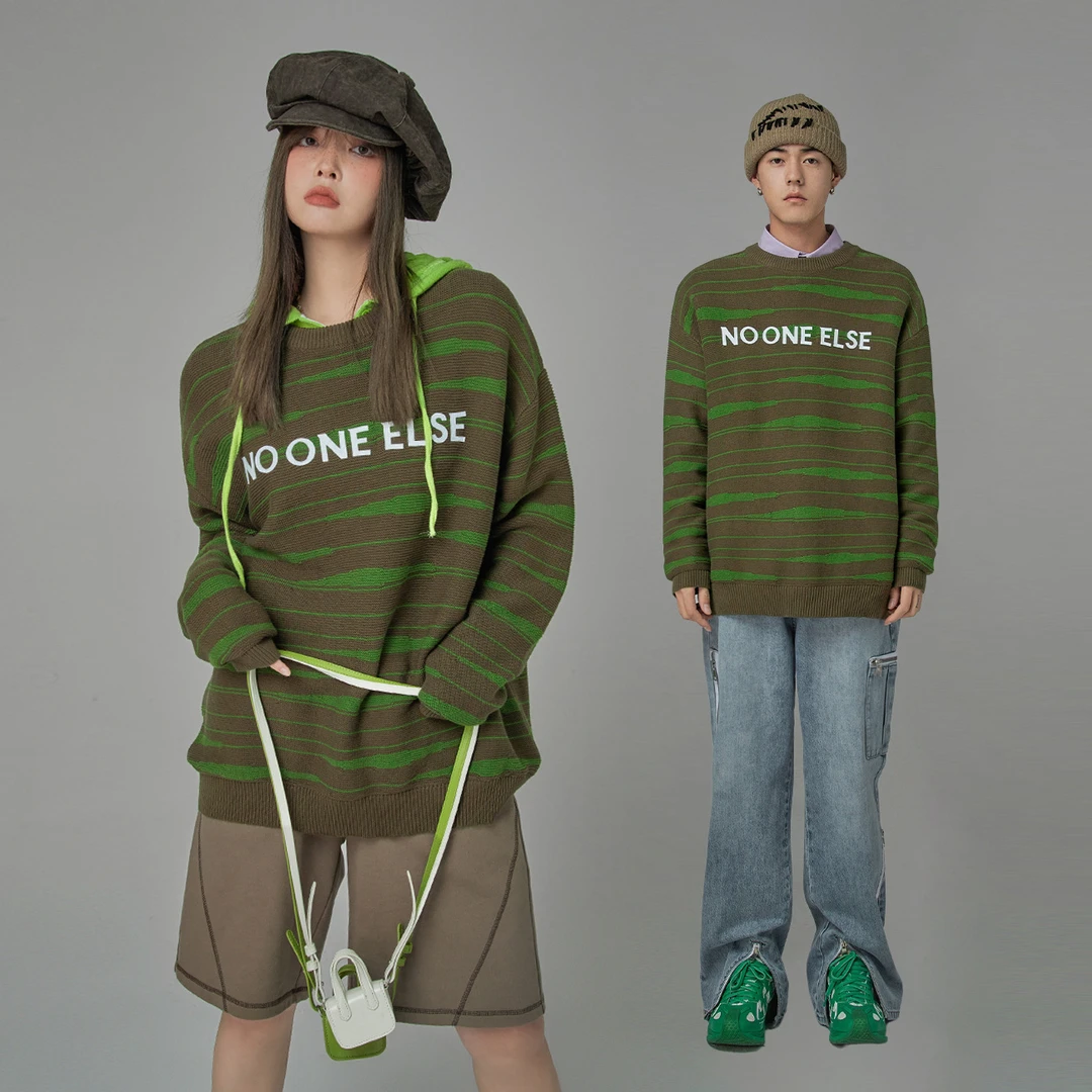 NO ONE ELSE美式复古女装琥珀流光宽松字母破洞长袖针织衫款