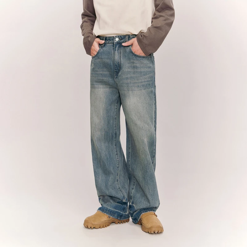 NO ONE ELSE美式复古女装男女冬季水洗宽松长裤子猫须阔腿牛仔裤