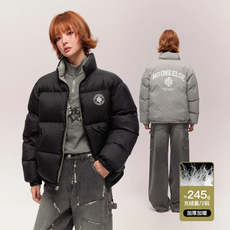 NO ONE ELSE美式复古女装男女冬季90鸭绒立领双面外套字母羽绒服