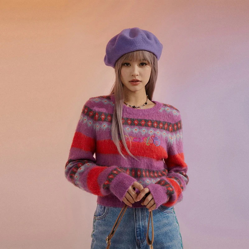 A002【金拐子专属】NO ONE ELSE字母宽松条纹针织衫-F