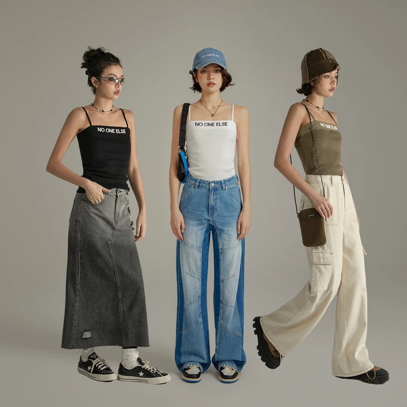 NO ONE ELSE春季女装美式复古学院风拼接显瘦打底小众吊带背心