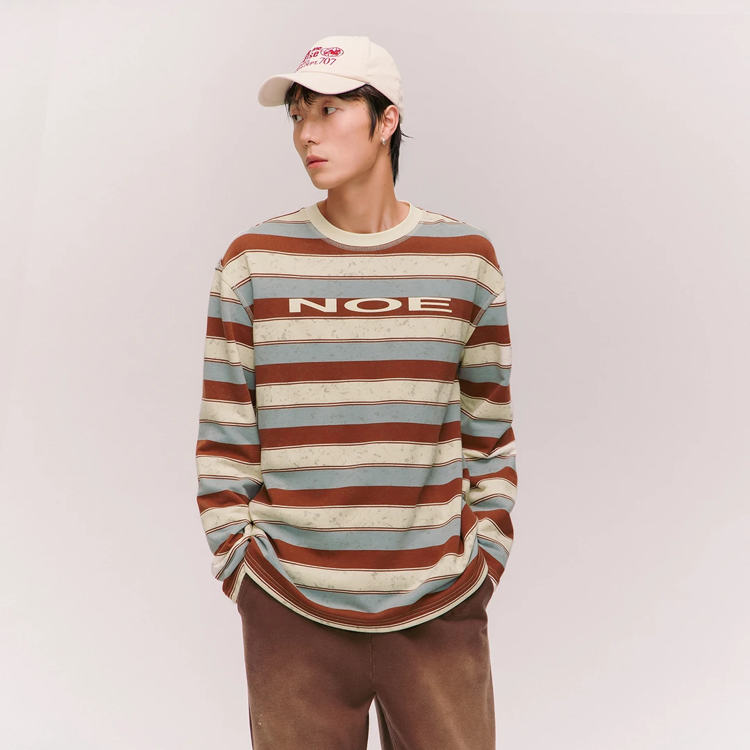 NO ONE ELSE美式复古女装琥珀流光冬季街头撞色条纹长袖上衣T恤