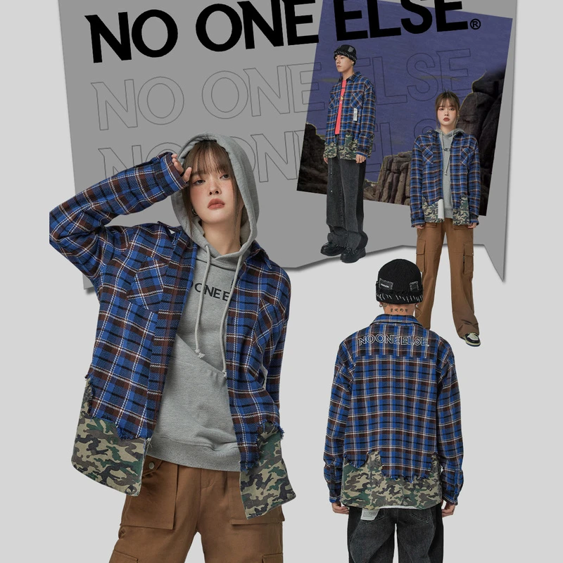 NO ONE ELSE美式复古女装个性宽松迷彩拼接格子衬衫男女