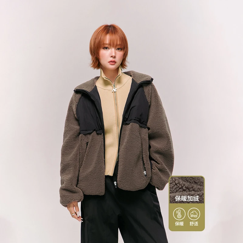 人造皮草 NO ONE ELSE美式复古冬季男女宽松连帽外套拼接仿皮草