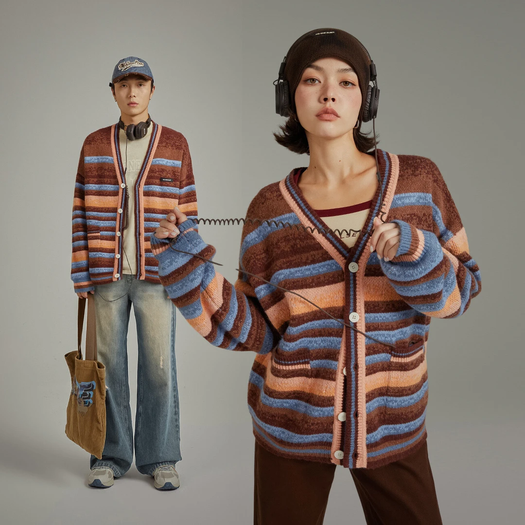 NO ONE ELSE美式复古女装琥珀流光秋季宽松条纹开衫针织外套