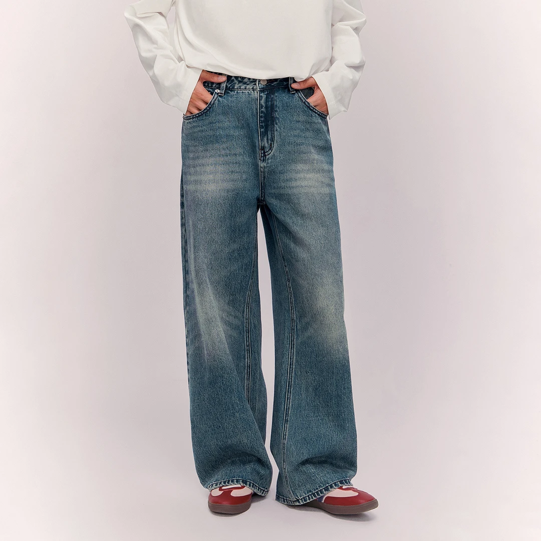 NO ONE ELSE美式复古女装男女秋季高腰长裤子水洗磨白阔腿牛仔裤