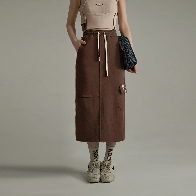 B001【金拐子专属】NO ONE ELSE韩版高腰口袋绣花抽绳a字半身裙-F