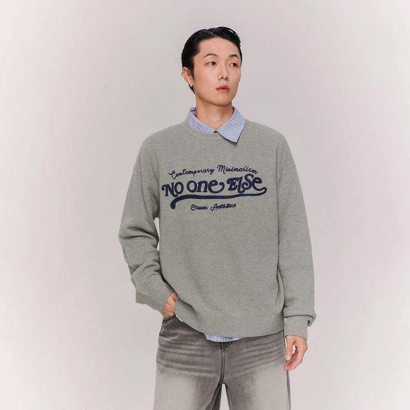 NO ONE ELSE美式复古高级感秋季男女款宽松套头上衣刺绣长袖针织