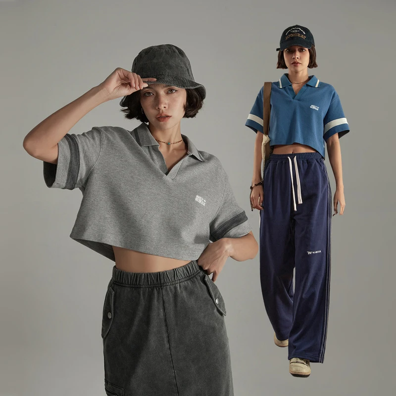 NO ONE ELSE夏季女装翻领休闲美式复古宽松短款华夫格学院风T恤