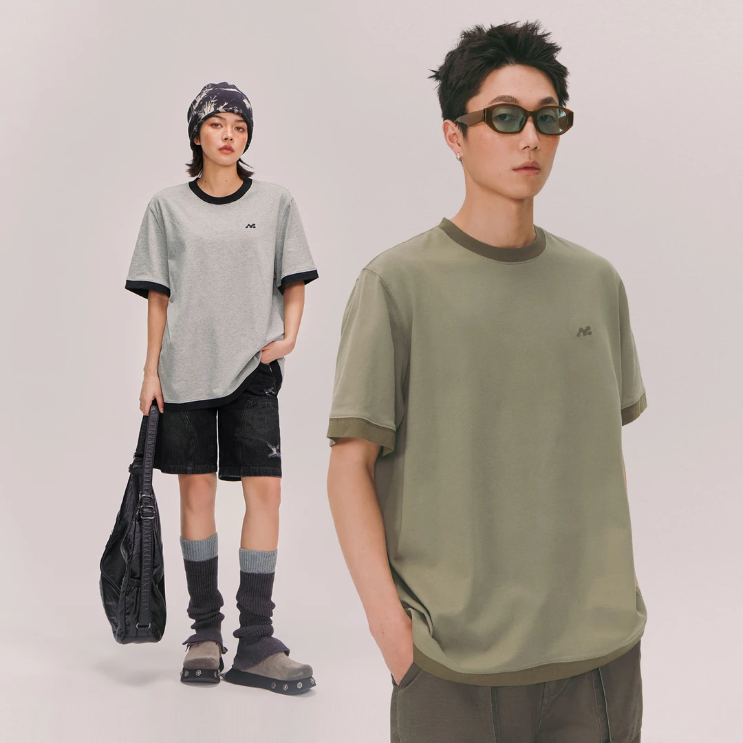 NO ONE ELSE美式复古男女拼接短袖夏季上衣字母印花宽松撞色T恤