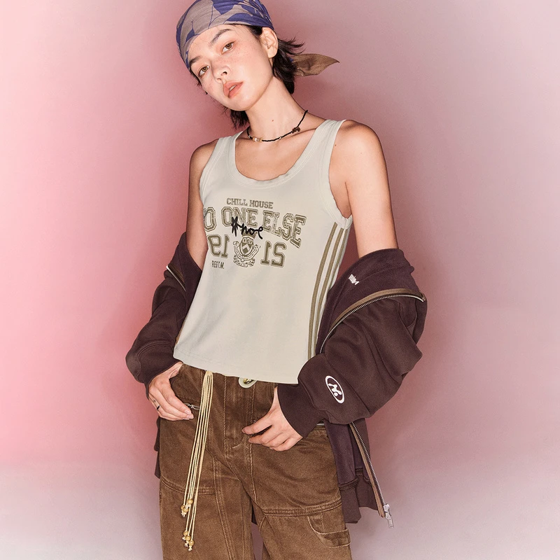 NO ONE ELSE美式复古女装冬季撞色街头条纹工字背心字母印花吊带