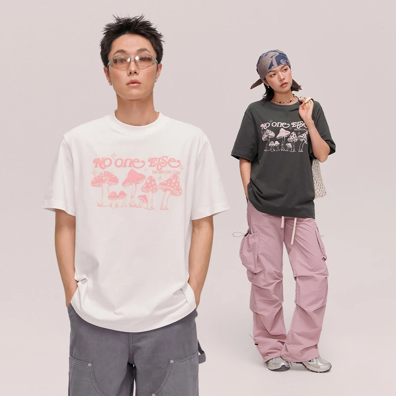 NO ONE ELSE美式复古女装夏季蘑菇字母男女圆领短袖上衣印花T恤