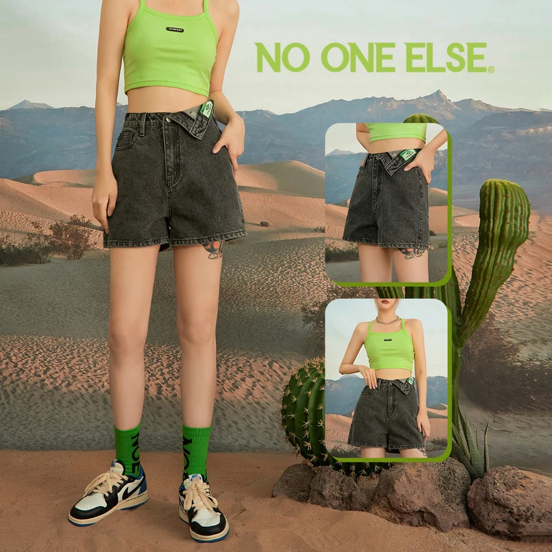 NO ONE ELSE美式复古女装夏季设计感薄款不规则短款牛仔裤