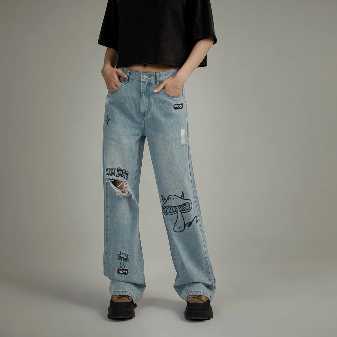 NO ONE ELSE丹宁风秋季女装美式复古学院风破洞宽松直筒牛仔裤