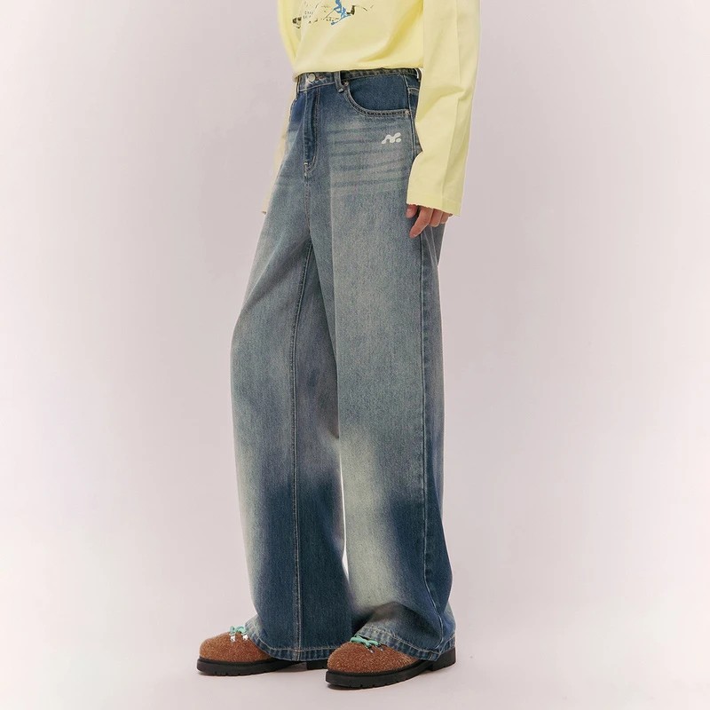 NO ONE ELSE美式复古女装男女冬季高腰水洗长裤子渐变阔腿牛仔裤