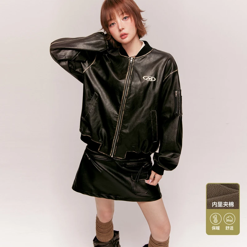 NO ONE ELSE美式复古女装男女冬季拉链立领PU皮夹克外套字母棉服