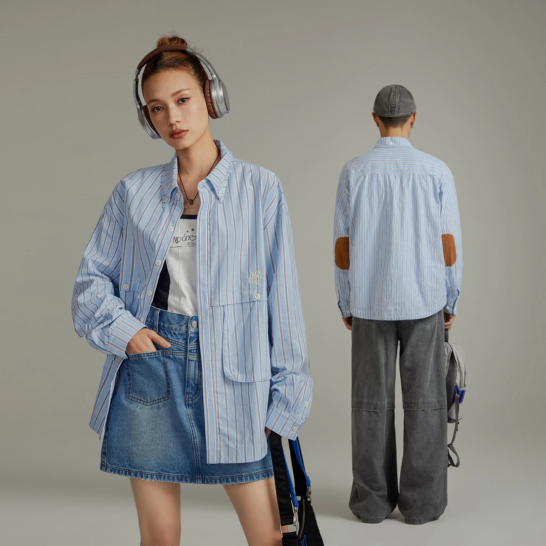 NO ONE ELSE春季男女美式复古学院风条纹拼接长袖宽松小众衬衫