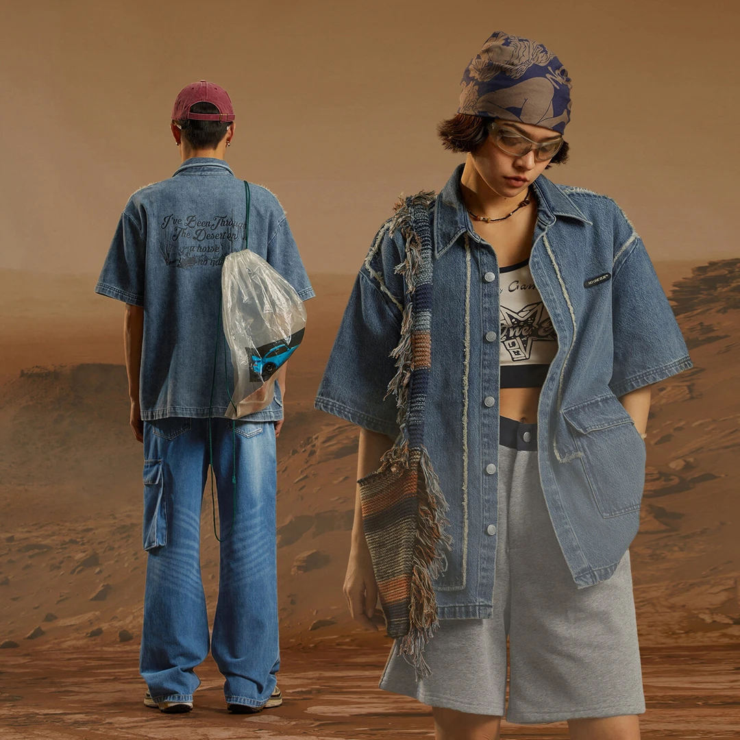 NO ONE ELSE美式复古女装男女夏季牛仔做旧情侣宽松水洗牛仔衬衫